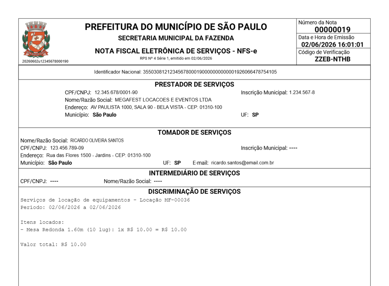 DANFSE oficial da Prefeitura de São Paulo gerado a partir do LocaFacil, mostrando prestador, tomador e a discriminação dos serviços de locação de equipamentos