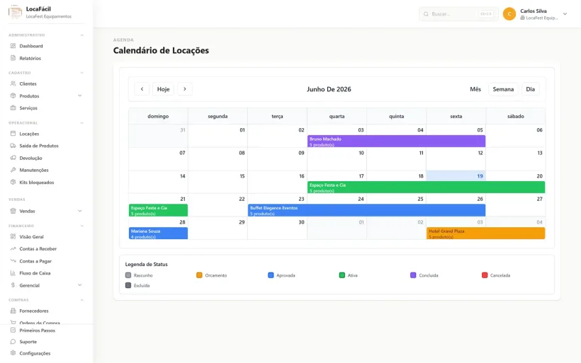 Calendário de disponibilidade das locações no LocaFácil